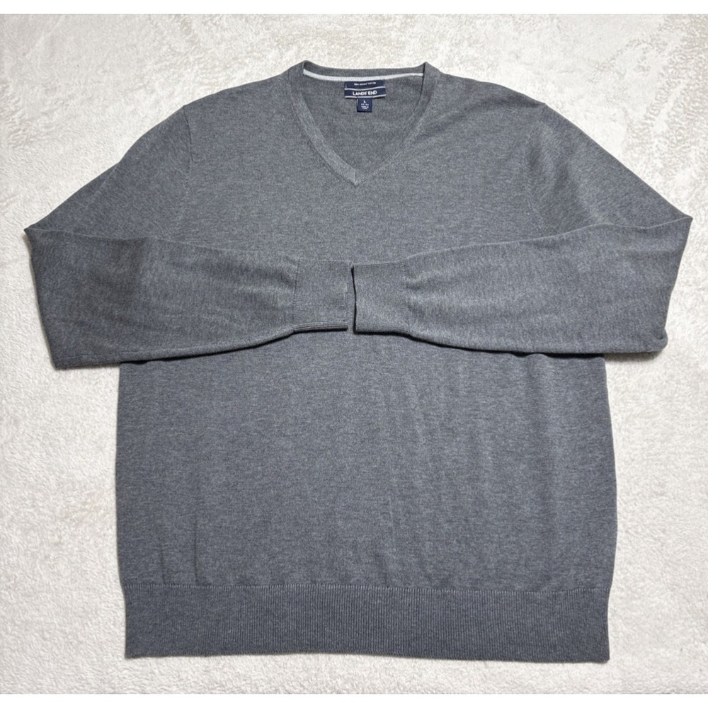 Lands End Sweater Men Large Gray Long Sleeve V Neck Supima Cotton Preppy Capsule